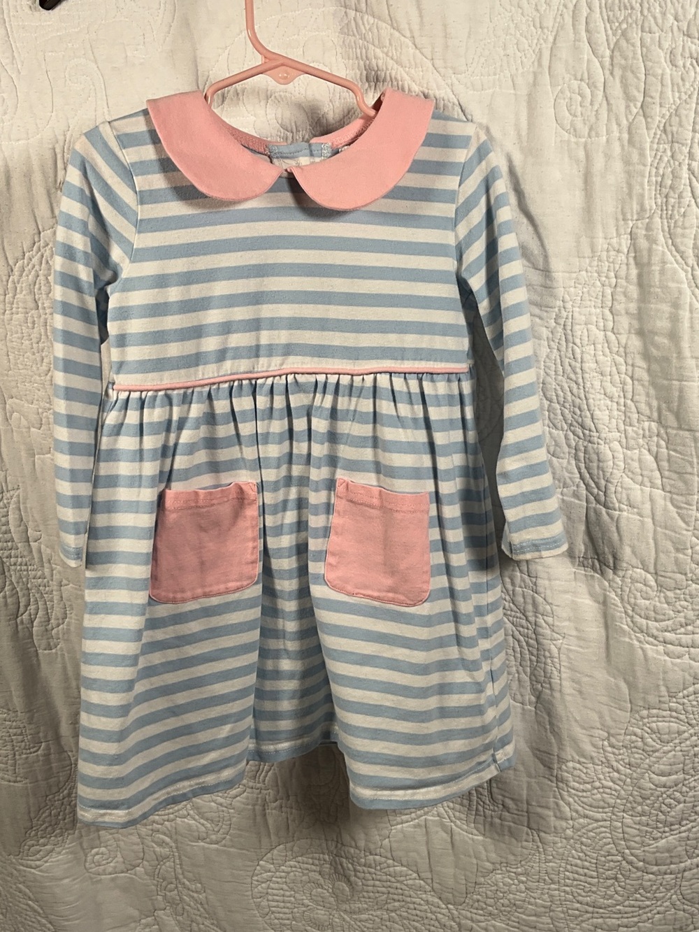 Girls' Blue & Pink Striped Casual Dress with Peter Pan Collar